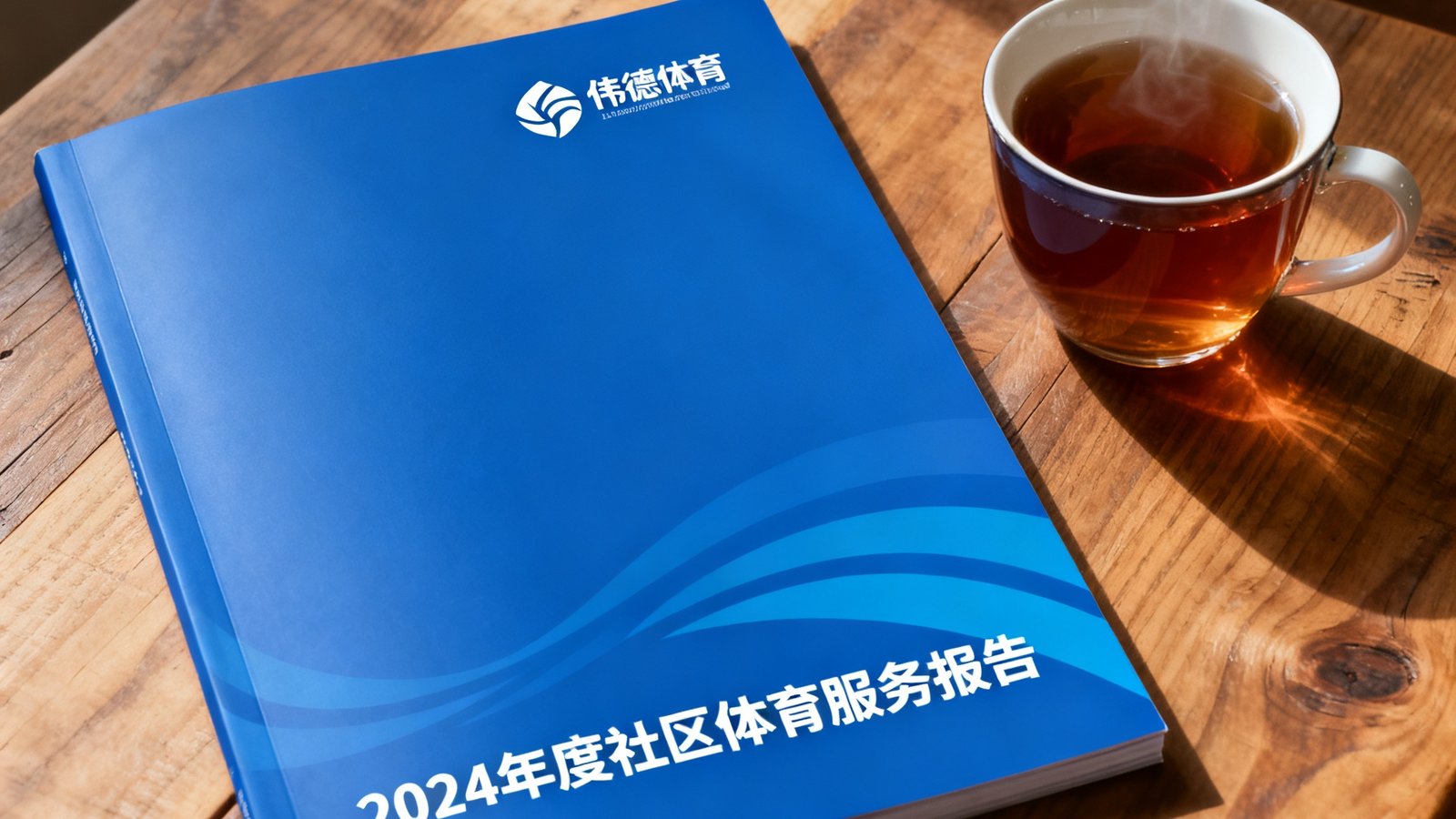 一份蓝色封面的年度报告册子放置在木质桌面上，封面印有伟德体育logo和2024年度社区体育服务报告字样，旁边放着一杯热茶，画面传递出专业而温暖的感觉。
