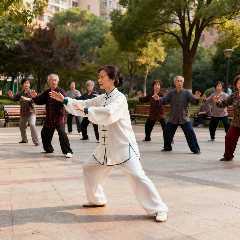 刘教练身穿传统太极服，在社区广场上带领二十多位居民打太极拳，她的动作舒展流畅，身后的居民们认真跟随，画面祥和而充满活力。